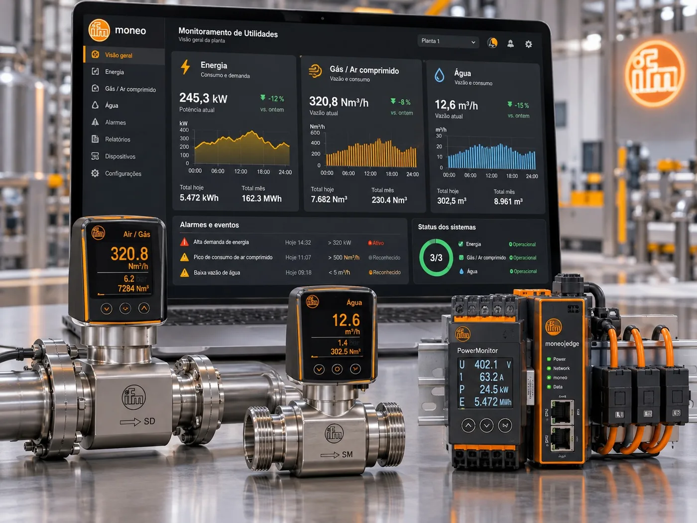 Monitoramento de utilidades: energia, ar comprimido e água